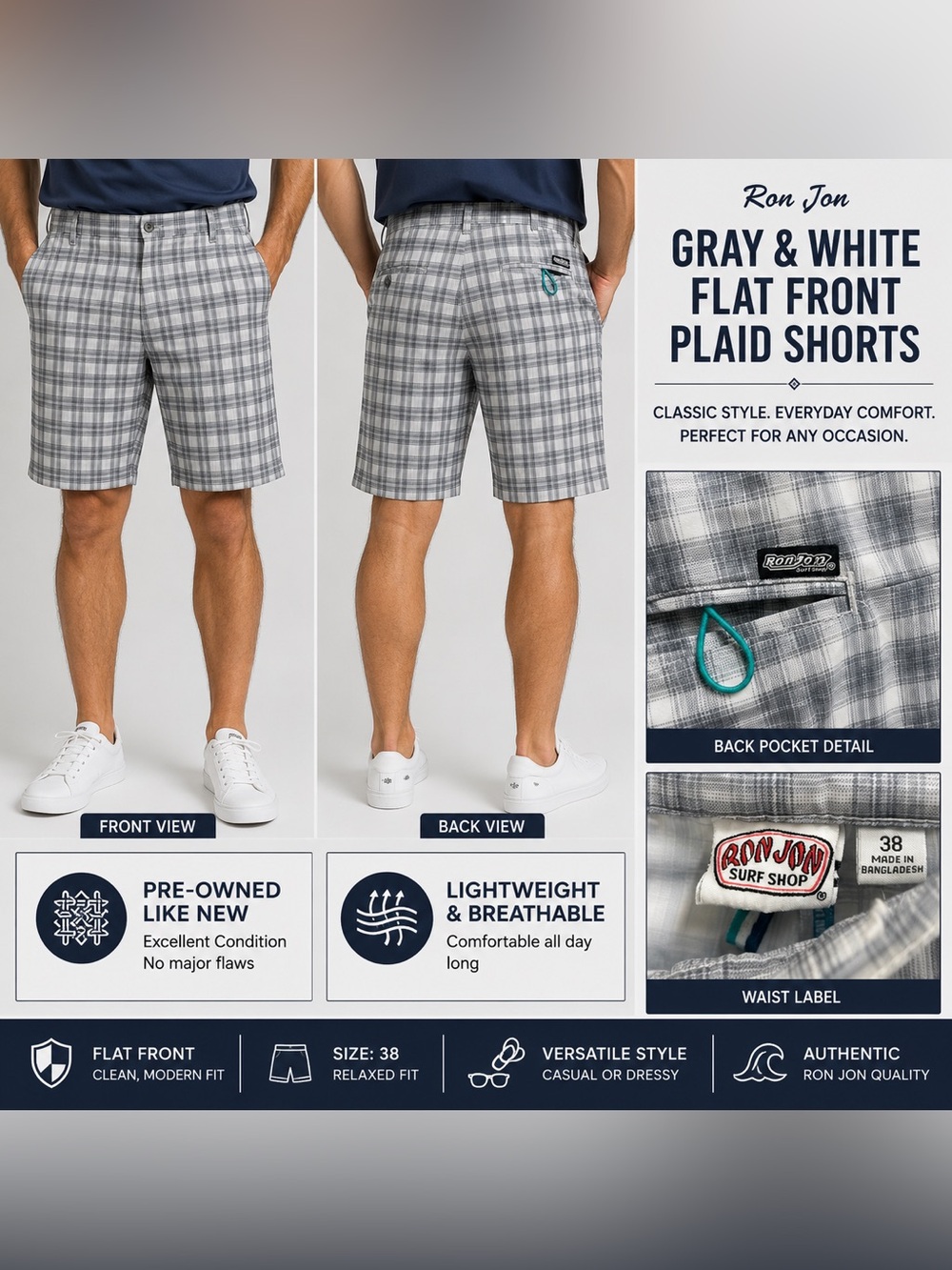Ron Jon Gray and White Flat Front Plaid Shorts